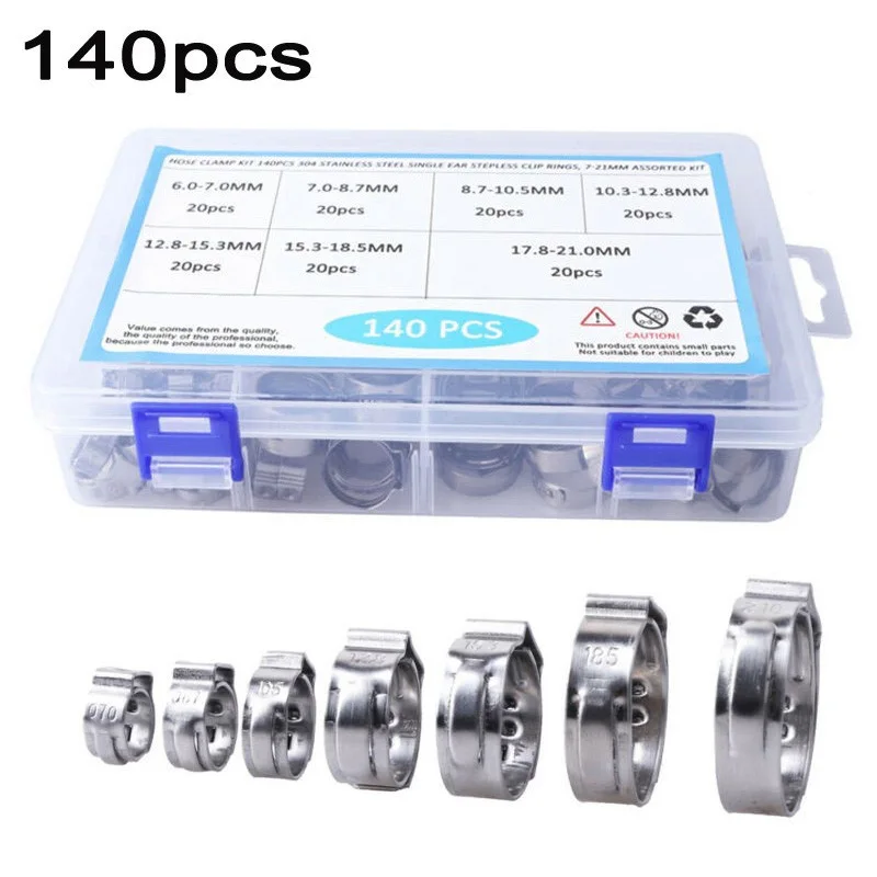 140Pcs 7-21mm 304 Stainless Steel Single Ear Stepless Hose Clamp Kit 7 Sizes coffee machine, beverage machine, medical equipment
140Pcs 7-21mm 304 Stainless Steel Single Ear Stepless Hose Clamp Kit 7 Sizes coffee machine, beverage machine, medical equipment