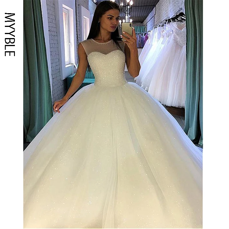 

MYYBLE Shining Sequin Tulle Jewel Neckline Ball Gown Wedding Dress With Beadings Sleevelss Bridal Gowns vestido de festa longo