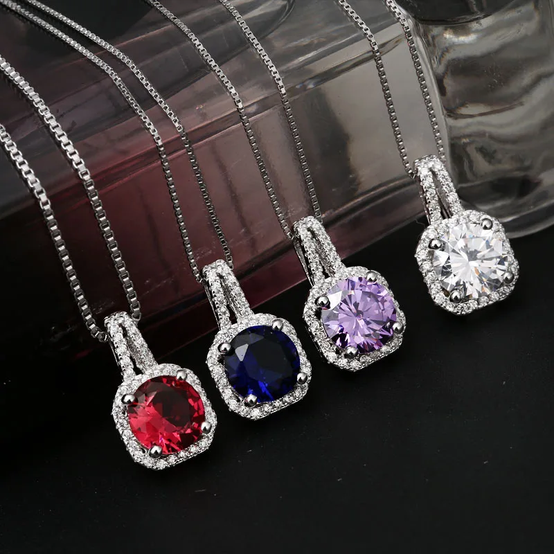 

925 Sterling Silver Color Diamond Ruby Sapphire Amethyst Pendant Necklace For Women AAA Zircon Gemstone Pendant Fine Jewelry