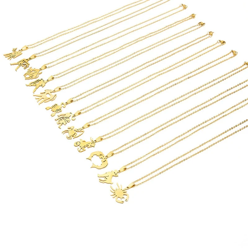 

12 Zodiac Sign Gold Color Constellation Leo/Scorpio/Aquarius Pendant Water Wave Chain Necklace