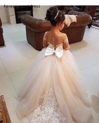 2018 Illusion Long Sleeves Lace Flower Girls Dresses Tulle Applique A Line Bow Sash Girls Dresses Formal Runaway Wears BA7399 99 (3)