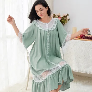 Fashion Elegant Lace Half Sleeve Nightgowns For Women Loose Mid Long Nightdress Soft Night Bathrobe Female Ruffles Hem Homewear