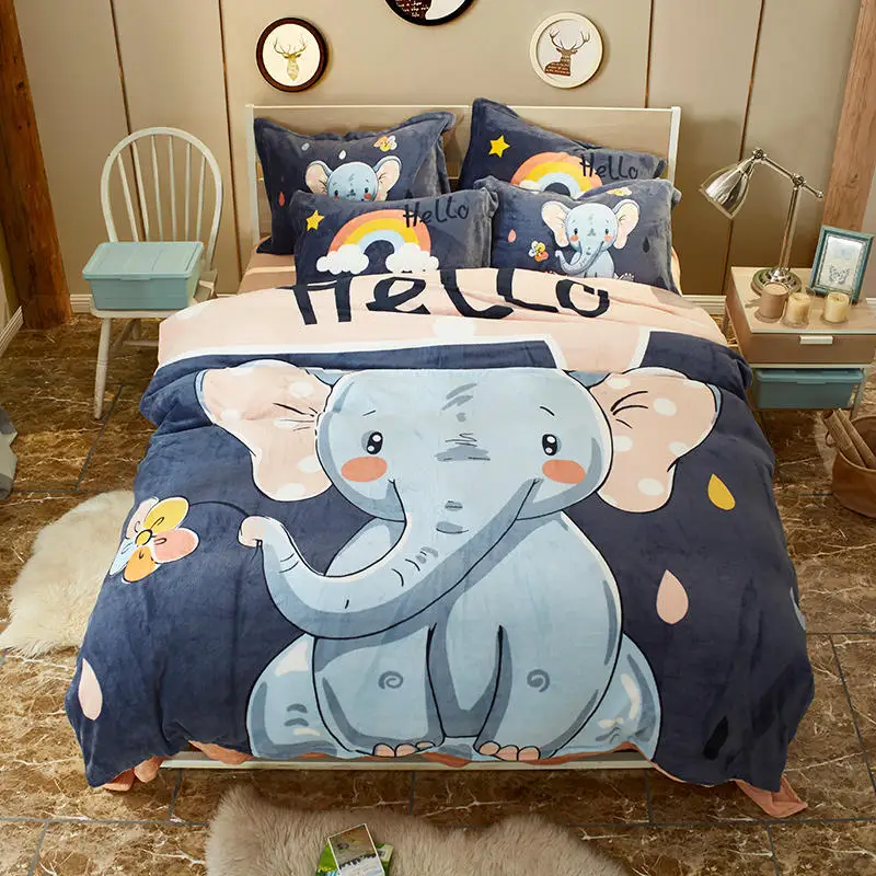 

Cartoon elephant Bedding Set Flannel Bed Set luxury Blue Duvet Cover Set soft Bed Sheet Pillowcases Twin Queen size bed