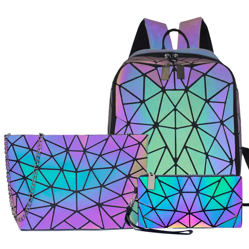 

Luminous bao bag Women Backpack 3 Pcs Set Laptop Backpacks Student School Bags Holographic Purse Geometric Bagpack Bag Mochila