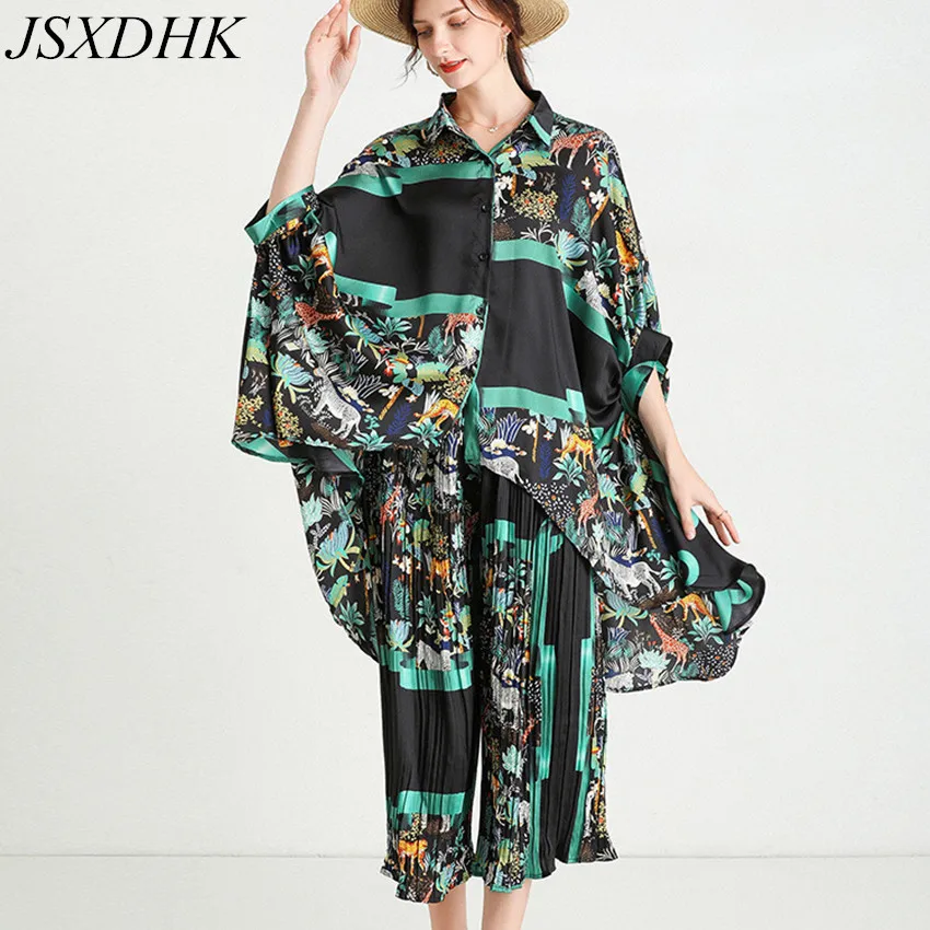 Runway Summer Two Piece Set Women Satin Green Flower Print Bawing Sleeve Irregular Loose Shirts + Wide Leg Pleated Pants Suits
Runway Summer Two Piece Set Women Satin Green Flower Print Bawing Sleeve Irregular Loose Shirts + Wide Leg Pleated Pants Suits