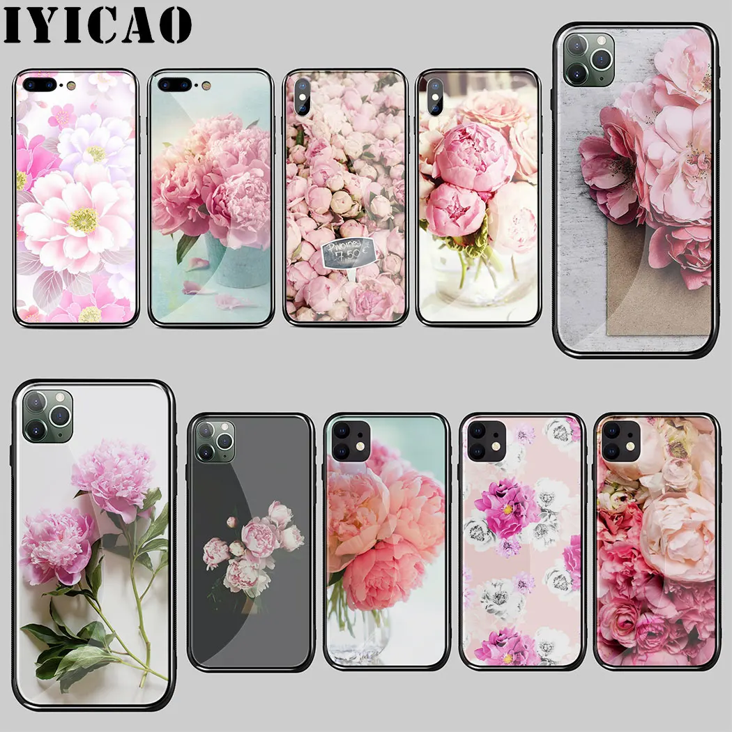 Розовые пионы из закаленного стекла чехол для iPhone 5 5S SE 6 6S 7 8 Plus 11 Pro X XR XS Max