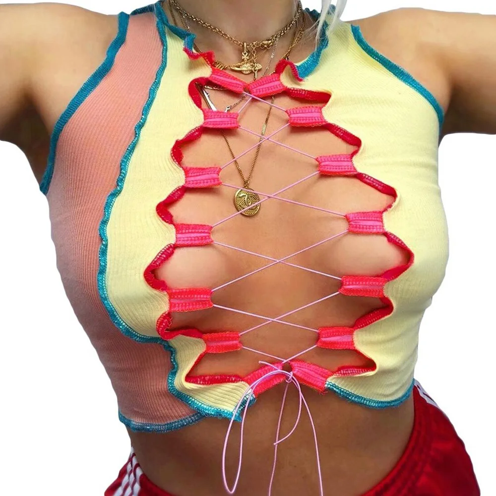 Crop Top Sexy Hollow Tops Round Neck Tie Tank Top Fashion Contrast Vest Slim Yellow Tank Top Tops Women 2020 Woman Clothing
Crop Top Sexy Hollow Tops Round Neck Tie Tank Top Fashion Contrast Vest Slim Yellow Tank Top Tops Women 2020 Woman Clothing
