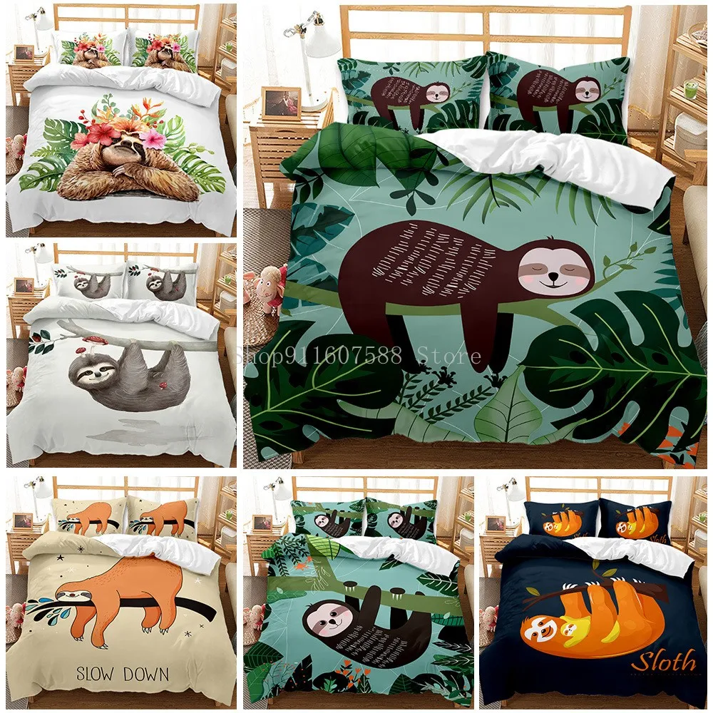 

Cartoon Animals Bedding Sets 3D Sloth Duvet Cover Pillowcase Twin/Queen/King Size Green Leaves Bed Set For Kids Girl