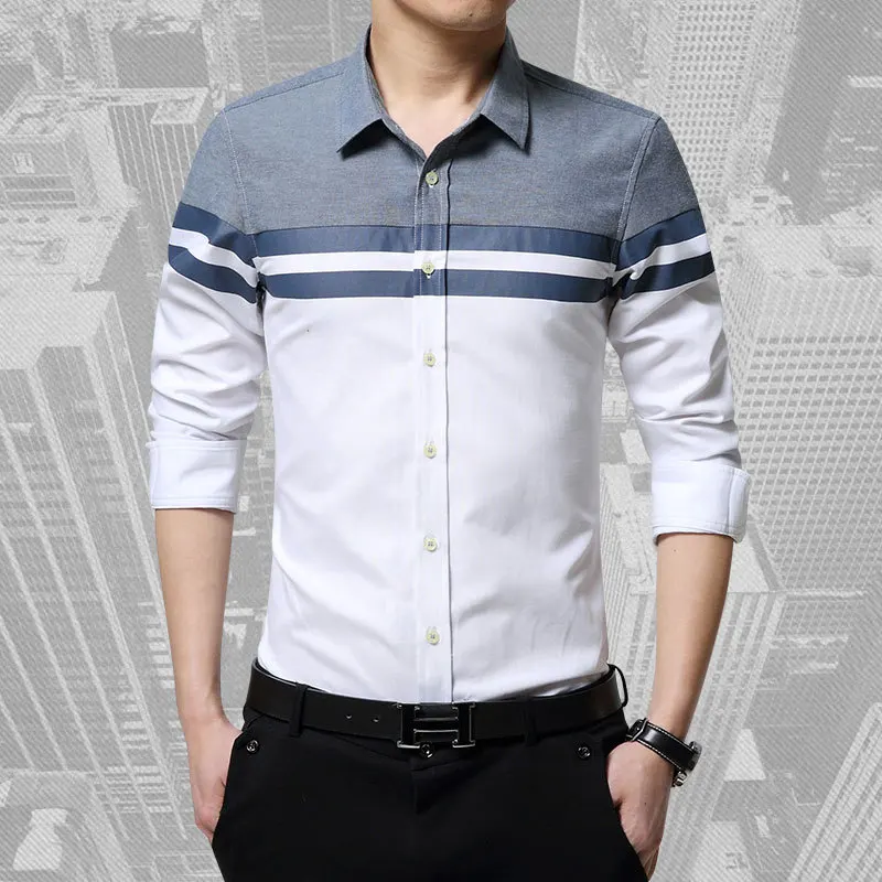 2020 модные мужские рубашки брендовая одежда облегающая Лоскутная полосатая