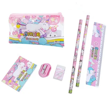 

1 Set Cartoon Rainbow Unicorn Pencil Case for Girl with Pencil Bag Pencil Ruler Eraser Memo Pad Stationery Set Kids Gift