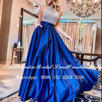 Sparkly Silver Sequined Top Prom Dresses Graduation For Women 2020 Royal Blue Satin Long Formal Evening Dress Gown 
Sparkly Silver Sequined Top Prom Dresses Graduation For Women 2020 Royal Blue Satin Long Formal Evening Dress Gown