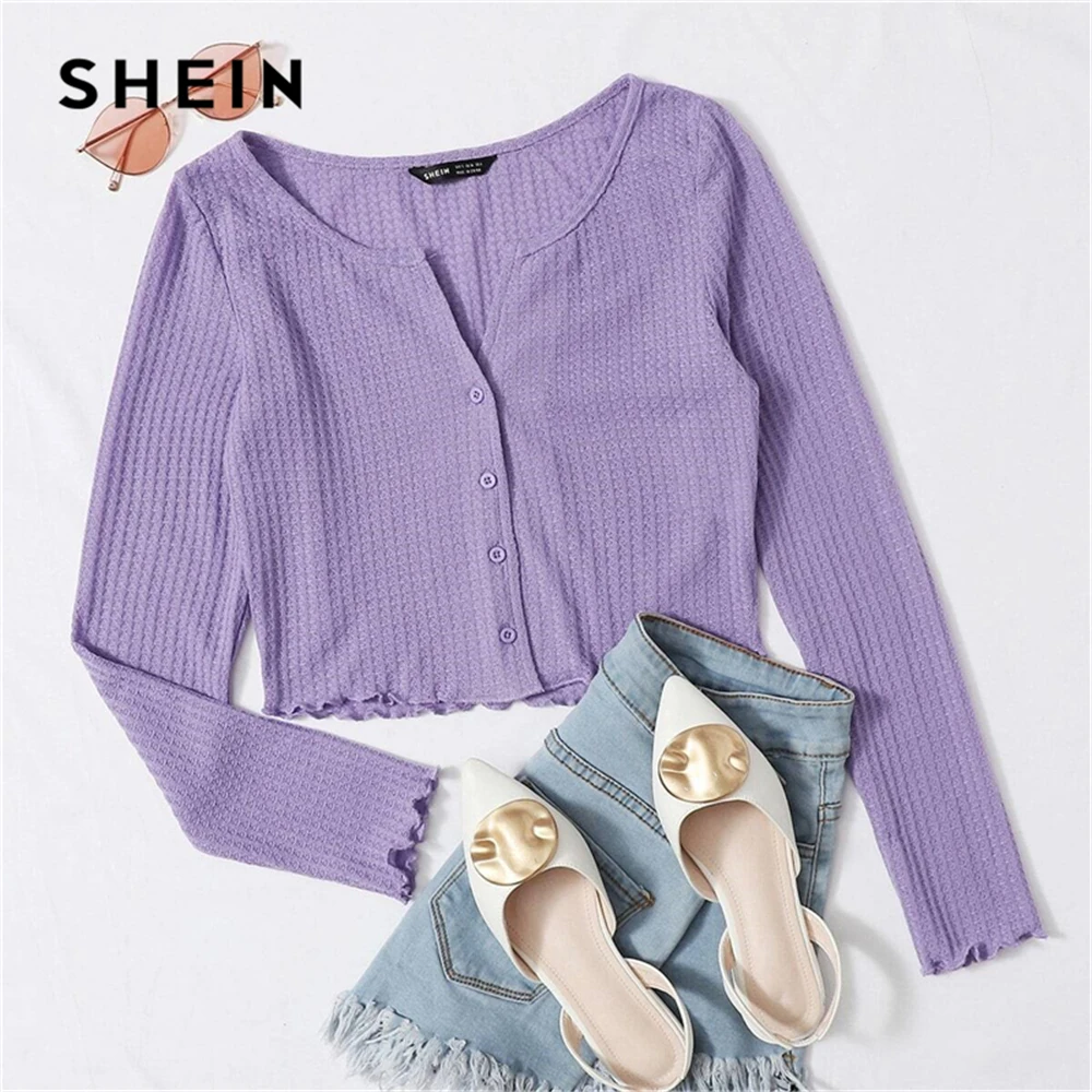 

SHEIN Button Front Lettuce Edge Waffle Knit Crop Tee Women Autumn Long Sleeve Solid Casual Slim Fit T-shirt Tops