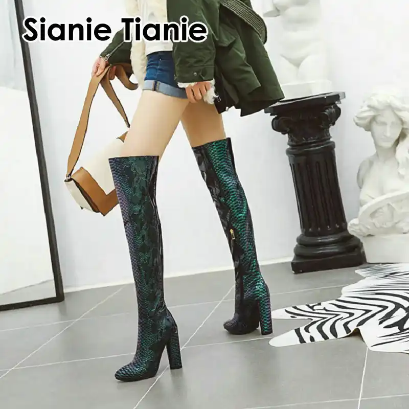 snakeskin over the knee boots block heel