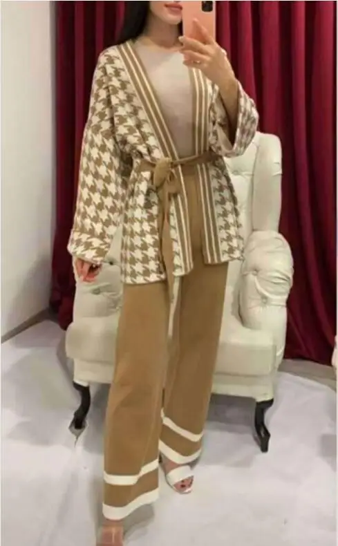 FREE SHIPPING Houndstooth Lace Up Knitted Cardigan Jacket And Wide Leg Pants Sets JKP4853 FREE SHIPPING Houndstooth Lace Up Knitted Cardigan Jacket And Wide Leg Pants Sets JKP4853