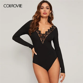 

COLROVIE Black Guipure Lace Trim Solid Bodysuit Women V Neck Basics Skinny Bodysuit 2019 Spring Long Sleeve Sexy Bodysuit