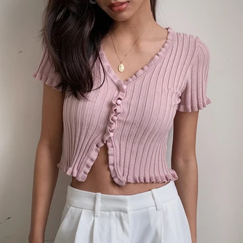 Jennie Style Short Sleeve Knitted Crop Top Single Breasted Sexy V-neck Women Cardigan Ribbed Ruffles Women Streetwear
Jennie Style Short Sleeve Knitted Crop Top Single Breasted Sexy V-neck Women Cardigan Ribbed Ruffles Women Streetwear