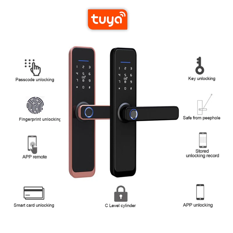 Tuya Smart Fingerprint Door Lock Safe Digital Electronic Lock WiFi APP Password RFID Unlock For Home Security wooden door lock
Tuya Smart Fingerprint Door Lock Safe Digital Electronic Lock WiFi APP Password RFID Unlock For Home Security wooden door lock