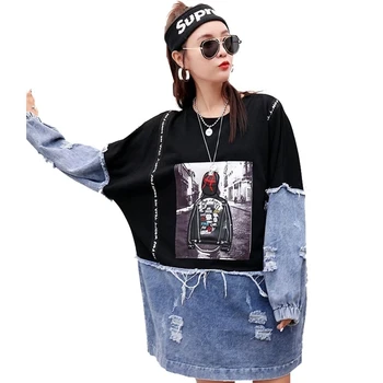 QING MO Denim Patchwork Black Sweatshirt for Women 2020 Spring Tops Character Pattern Long Sweatshirts and Pullovers AD2274A
QING MO Denim Patchwork Black Sweatshirt for Women 2020 Spring Tops Character Pattern Long Sweatshirts and Pullovers AD2274A