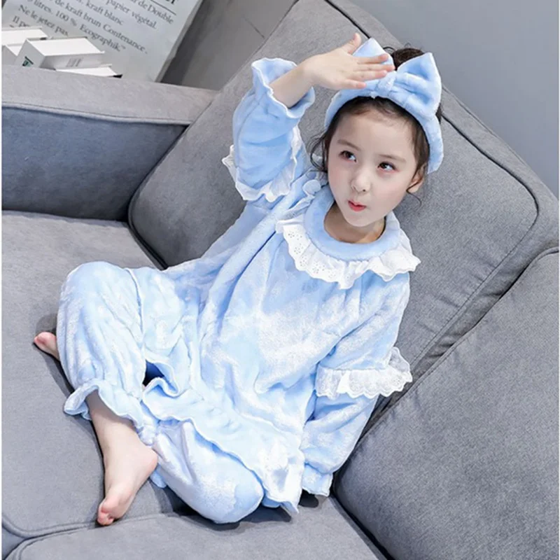Зимний комплект кружевной пижамы для девочек головной убор с бантом + длинный