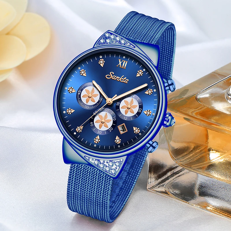 Фото Часы наручные SUNKTA женские кварцевые брендовые Роскошные синие с автокалендарем
