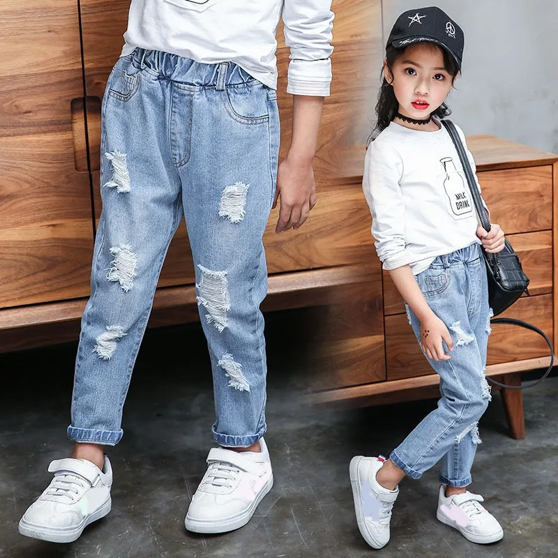 2019 джинсы для девочек весенне-осенние модные детские рваные джинсовые штаны