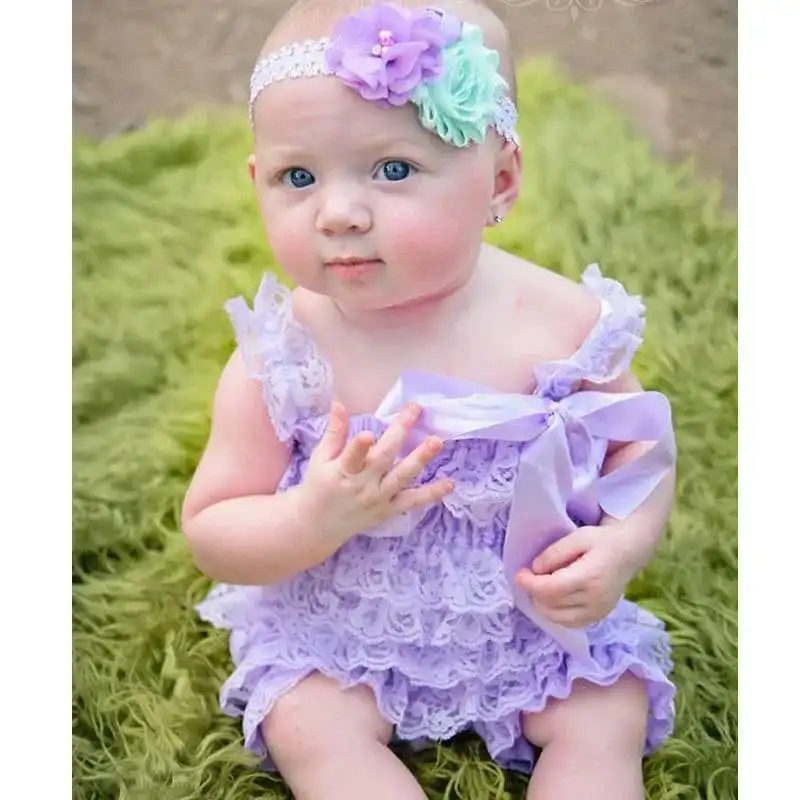 

Cute Baby Lavender Lace Romper Infant Girls Posh Petti Ruffled Strap Romper with Ribbon Bow and Flower Headband Newborn Jumpsuit