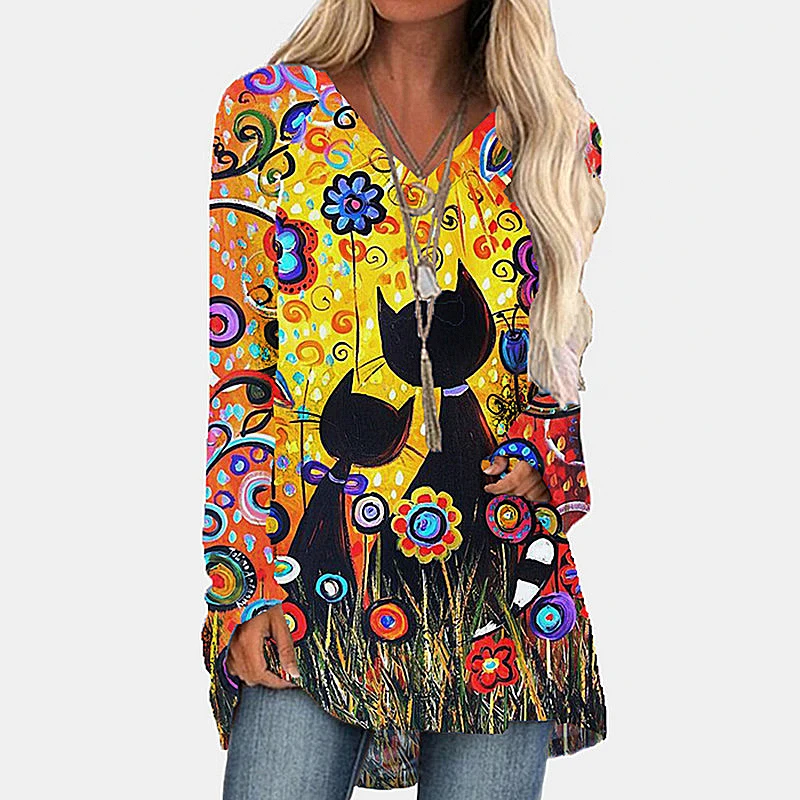 2020 New Women Casual Long Sleeve T-shirt Flowers Kitten Print T-shirt Spring Autumn V-neck Tops Fashion Elegant Tee shirt
2020 New Women Casual Long Sleeve T-shirt Flowers Kitten Print T-shirt Spring Autumn V-neck Tops Fashion Elegant Tee shirt