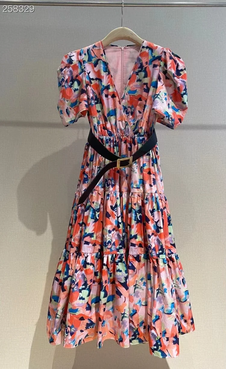 Fashion Runway Design Long Dress Women V-Neck Short Sleeve Print Dress High Waist Belt Casual Dresses
Fashion Runway Design Long Dress Women V-Neck Short Sleeve Print Dress High Waist Belt Casual Dresses