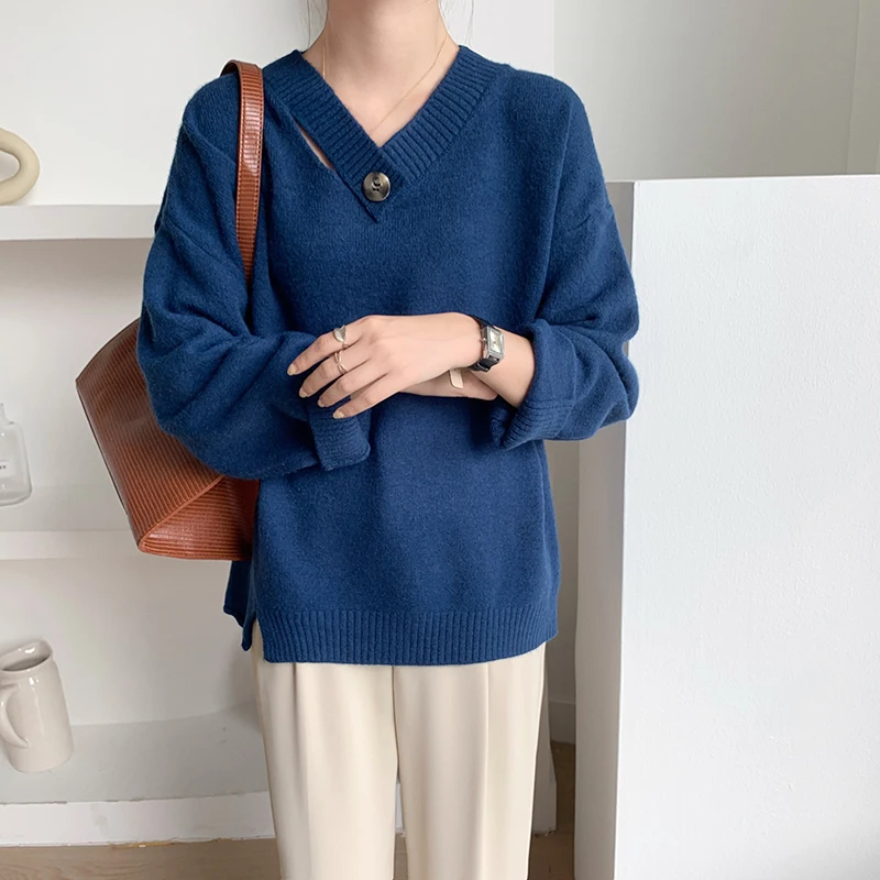 Korean Women Sweater Oversized Sweater Woman Long Sleeve Pullovers Casual Woman V Neck Knit Sweaters for Women Knitted Sweaters 
Korean Women Sweater Oversized Sweater Woman Long Sleeve Pullovers Casual Woman V Neck Knit Sweaters for Women Knitted Sweaters