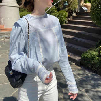 COIGARSAM Cute Lace blouse women New Patchwork blusas womens tops and blouses Sky Blue 3107
COIGARSAM Cute Lace blouse women New Patchwork blusas womens tops and blouses Sky Blue 3107