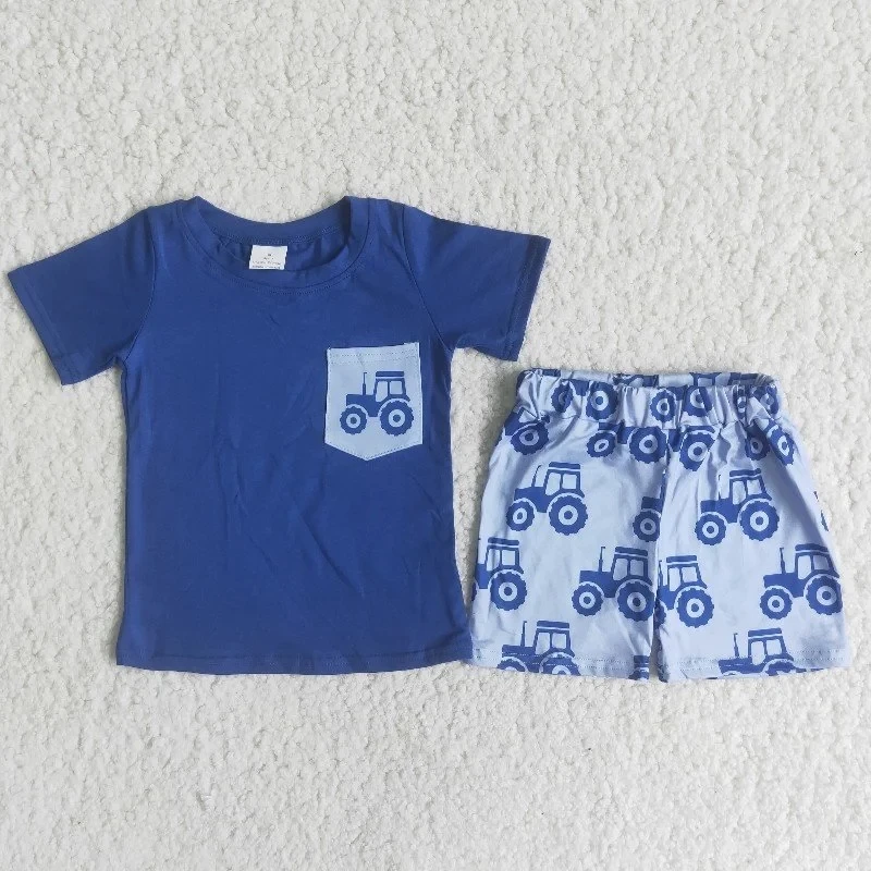 

Wholesale Baby Boy Summer Tractor Clothing Blue Short Sleeve Truck Pocket Shirt Shorts Children Boutique Kids Set Fashion Outfit