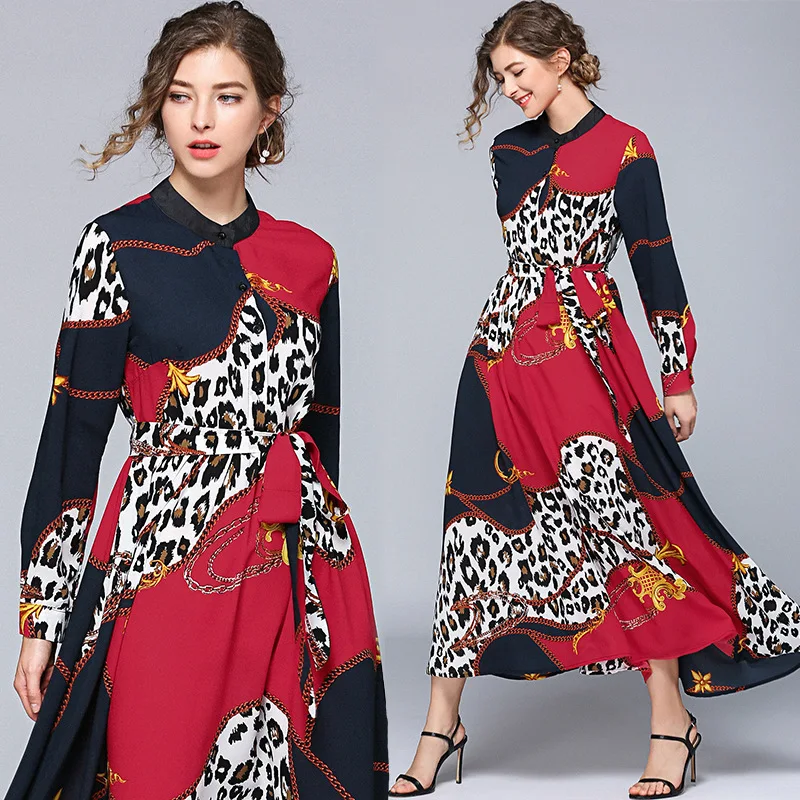 Spring and Summer New European and American Major Brand Long Sleeve Leopard-print Dresses with Vertical Collar Printed Dresses
Spring and Summer New European and American Major Brand Long Sleeve Leopard-print Dresses with Vertical Collar Printed Dresses