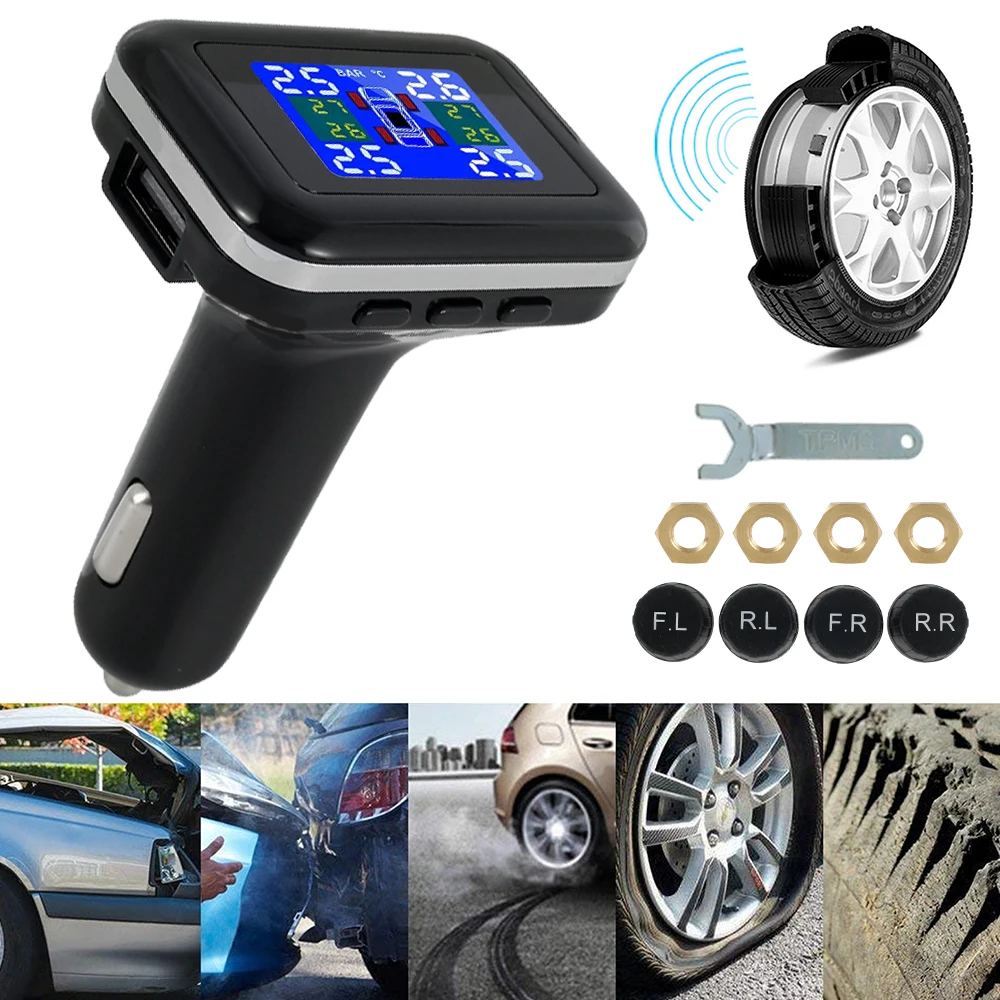 LCD Wireless Digital TPMS Car Tire Pressure Monitoring System USB port Auto Security with External Sensor Kit Cigarette Lighter
LCD Wireless Digital TPMS Car Tire Pressure Monitoring System USB port Auto Security with External Sensor Kit Cigarette Lighter