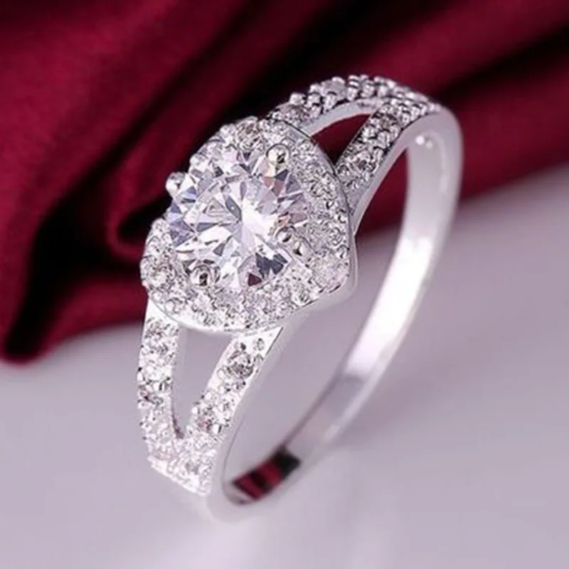 Модное Новое посеребренное кольцо с кристаллом в виде сердца элегантное женское