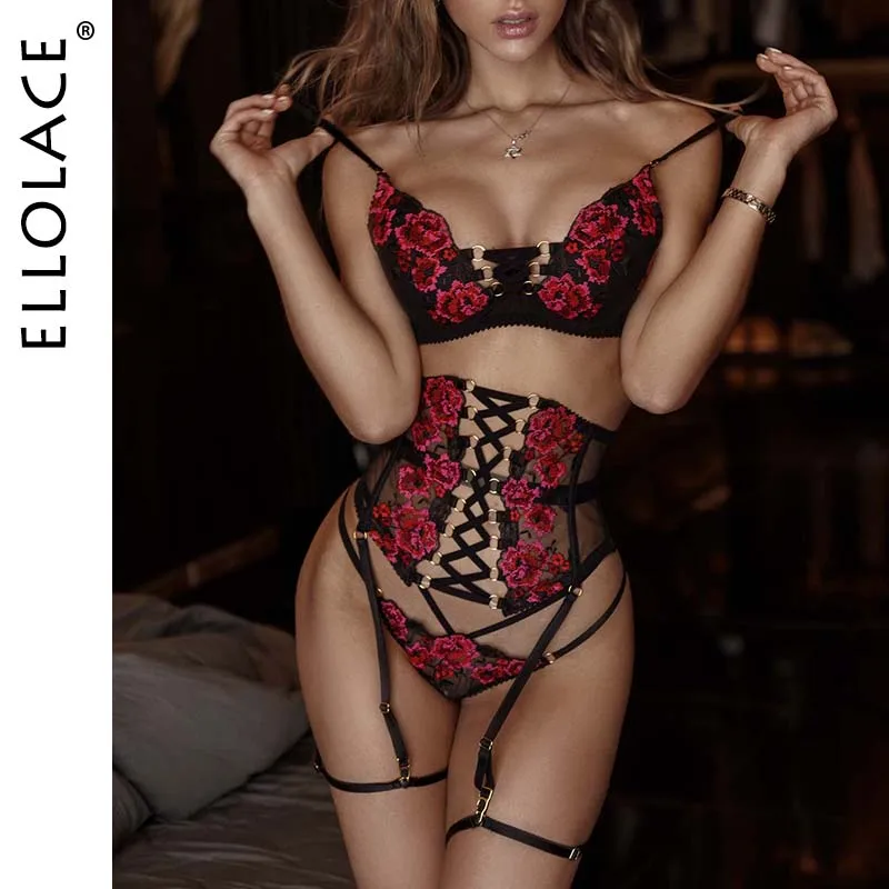 Ellolace Lingerie Sensual Bandagem Bordado Sexy Conjuntos Breves
