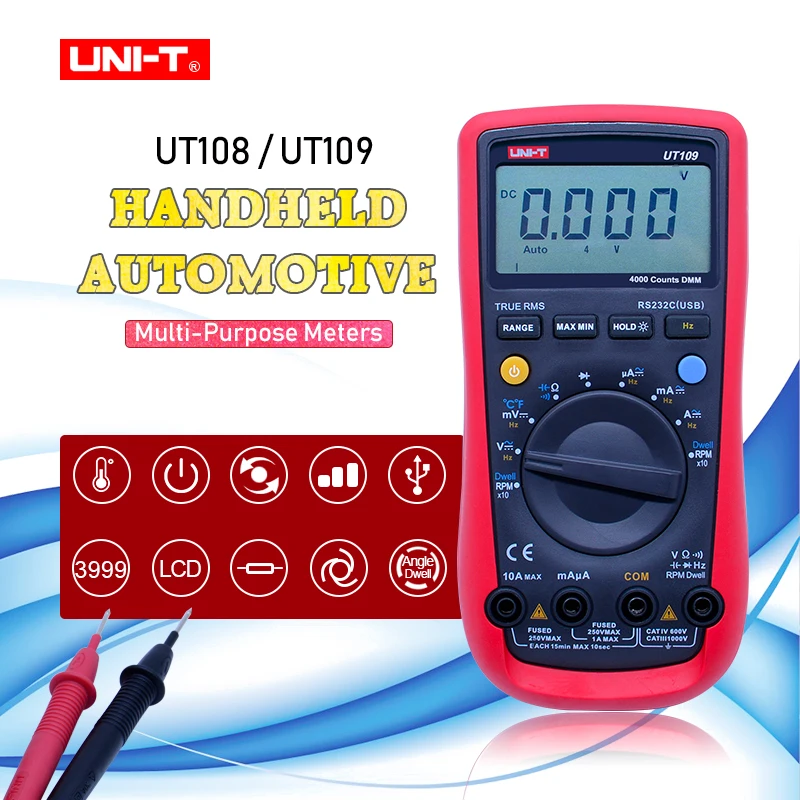 UNI-T UT109 Handheld Automotive Multipurpose Meters Auto Range Multimeters USB PC Connect Dwell Tach LCD Backlight
UNI-T UT109 Handheld Automotive Multipurpose Meters Auto Range Multimeters USB PC Connect Dwell Tach LCD Backlight