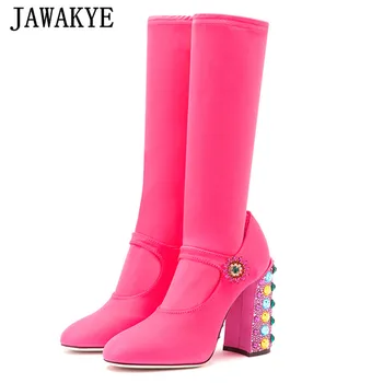 Designer Gemstone Chunky Heels Elastic Boots Women Rose Red Round Toe Mid Calf Botas Woman Patchwork Crystal Buckle Party Shoes
Designer Gemstone Chunky Heels Elastic Boots Women Rose Red Round Toe Mid Calf Botas Woman Patchwork Crystal Buckle Party Shoes