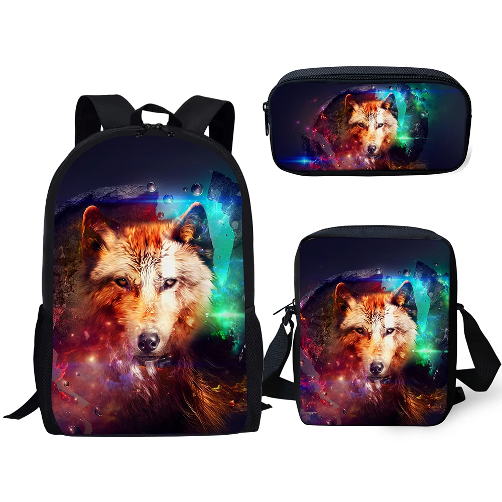 ELVISWORDS Kids Backpacks 3PCs Set Fantasy Wolf Animal Pattern School Book Bags Students Fashion Backpack/Flaps Bag/Pen Bag | Багаж и