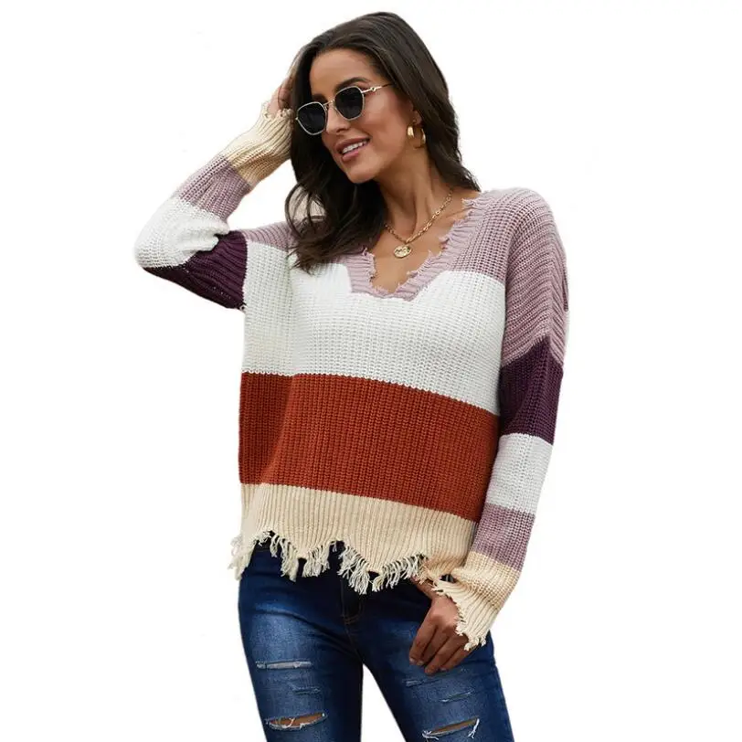 New Autumn/Winter Sweaters Mixced Color Pullover V-Neck Long-Sleeved Frayed Edge Woolen Loose Sweater
New Autumn/Winter Sweaters Mixced Color Pullover V-Neck Long-Sleeved Frayed Edge Woolen Loose Sweater