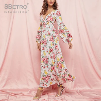 

Sbetro new fashion Plunging Neck Split Thigh Ruffle Hem Floral Dressfor Women