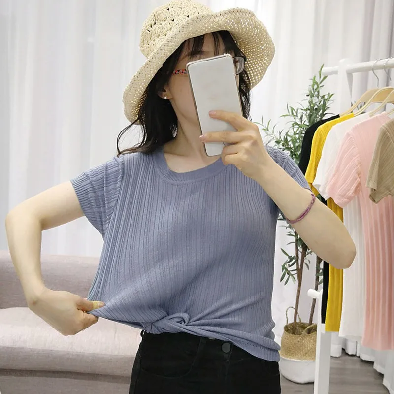 Women Summer Loose Short Sleeve Tshirt Solid Color Casual Tops Female Ladies Round Neck Ice Silk Knit T-Shirt camiseta mujer
Women Summer Loose Short Sleeve Tshirt Solid Color Casual Tops Female Ladies Round Neck Ice Silk Knit T-Shirt camiseta mujer