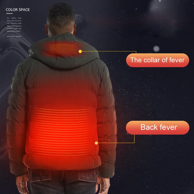 A picture capturing a man clad in an Electric Heated Jacket, showcasing its high-tech functionality for the winter wardrobe.