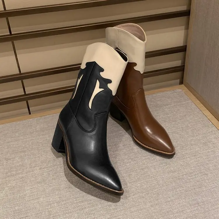 Runway Mixed Color Patchwork Ankle Boots For Women Pointed Toe High Square Heels Zapatos De Mujer Slip On Western Botas Shoes
Runway Mixed Color Patchwork Ankle Boots For Women Pointed Toe High Square Heels Zapatos De Mujer Slip On Western Botas Shoes