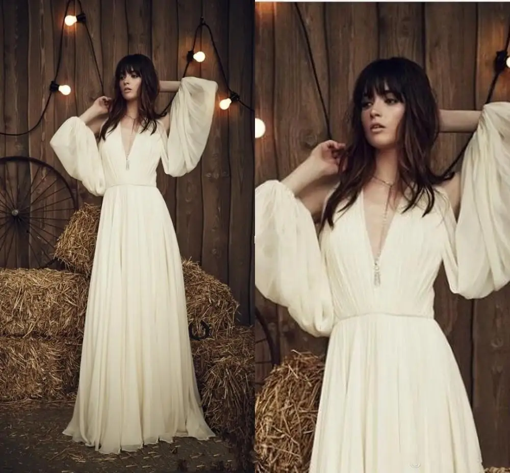 New Boho 2020 Wedding Dresses Plunging Pleated Chiffon Floor Length Long Sleeve Simple Summer Beach Bridal Wedding Gowns
New Boho 2020 Wedding Dresses Plunging Pleated Chiffon Floor Length Long Sleeve Simple Summer Beach Bridal Wedding Gowns