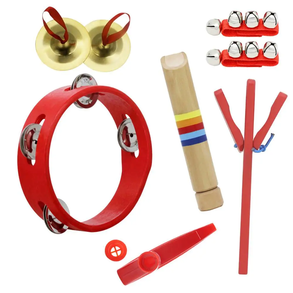 6pcs/set Orff Wooden Tambourine Educational Musical Instrument Set with Tambourine+Castanet+Flute+Cymbal+Kazoo+Wrist Bell | Спорт и