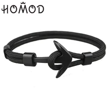 Homod 2019 nova moda cor preta anchor pulseiras homens charme sobrevivência corda paracord corrente pulseira masculino envoltório metal esporte ganchos(China)