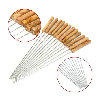 

12pcs Reusable BBQ Skewers Handle With Handle 30CM Barbecue Needle Wood Stainless Steel Flattened Rounded Sign Optional Meat