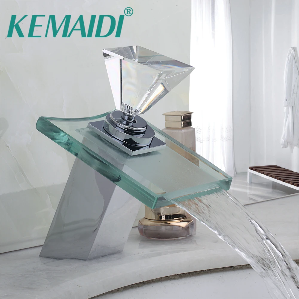 

KEMAIDI Waterfall Glass Brass Basin Sink Faucet Tap Diamond Handle Mixers & Taps Bathroom Faucets Square Deck Mount