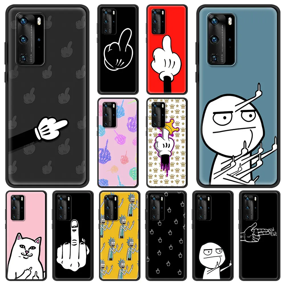 Cartoon Middle Finger Phone Case For Huawei P30 Pro P20 P40 Lite E P Smart Z Y6 Y7 2019 Soft Silicone Black Cover Couqe Funda | Мобильные