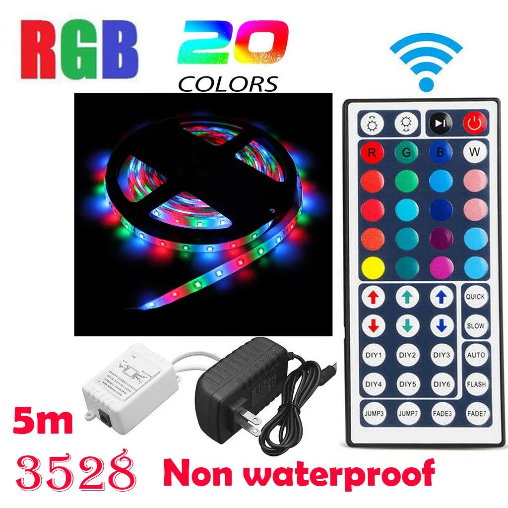 5-Meter Non-Waterproof Flexible Color Changing RGB SMD3528 300 LEDs Strip Light New 44 Key Remote Control 12V 2A Power Supply
5-Meter Non-Waterproof Flexible Color Changing RGB SMD3528 300 LEDs Strip Light New 44 Key Remote Control 12V 2A Power Supply